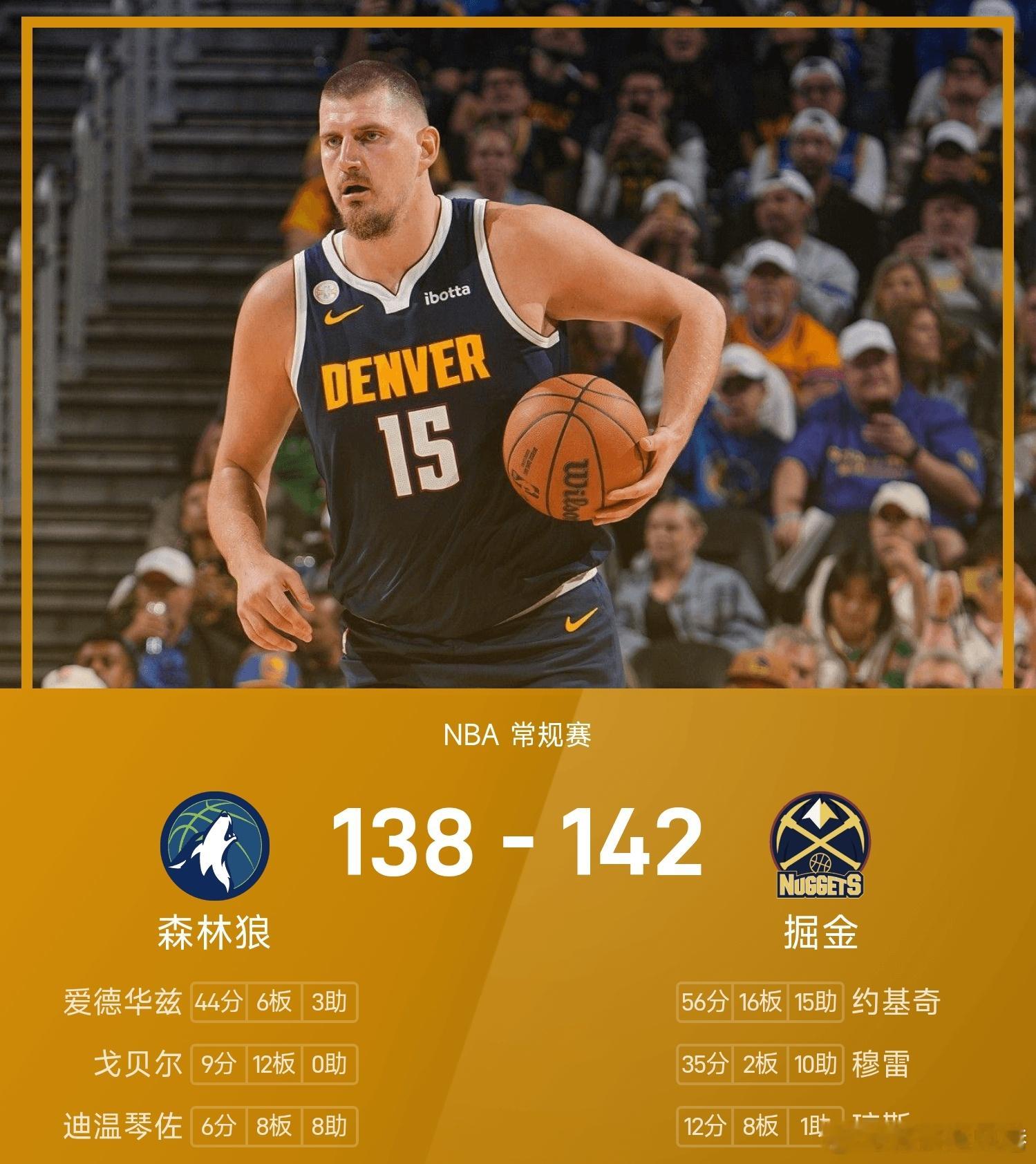 约基奇56分16篮板15助攻掘金战胜森林狼nba 掘金加时142-138战胜森林