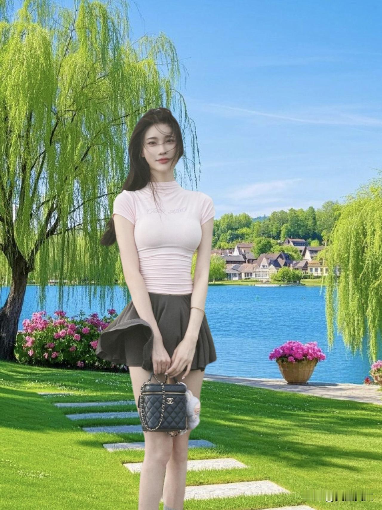 夏日清新穿搭，粉色上衣+灰色短裙，搭配香奈儿包包，漫步在湖畔绿意盎然的美景中。