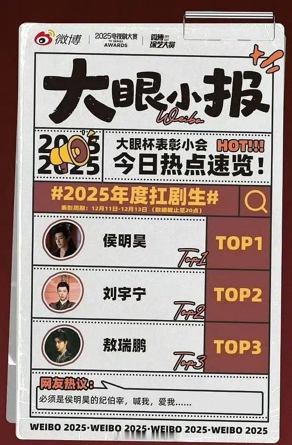 2025年度扛剧生：侯明昊、刘宇宁、敖瑞鹏2025年度扛剧花：白鹿、杨紫、田曦薇