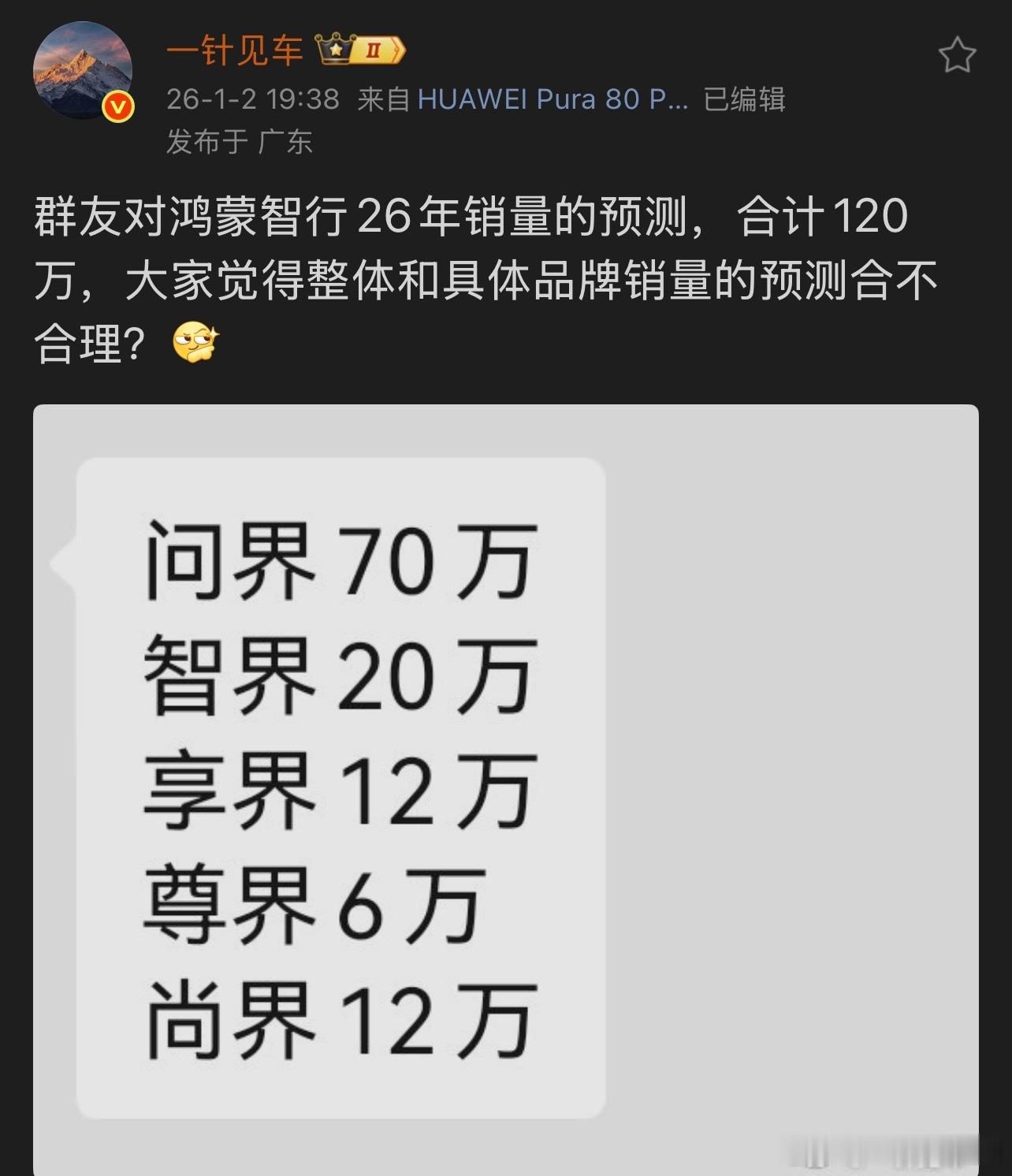 刷到一个数据鸿蒙智行五界26年目标是120W那么小米汽车26年交付目标55W是不