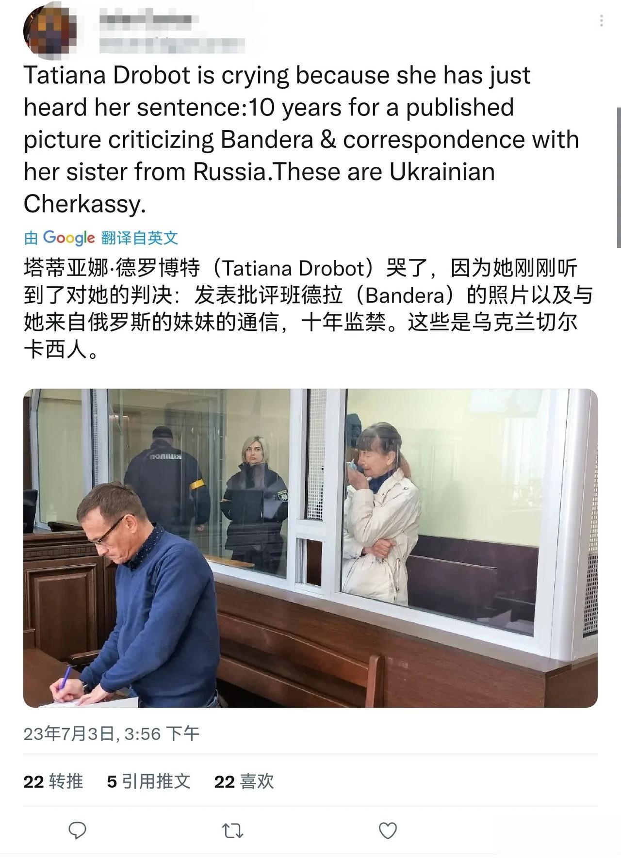 乌克兰女子塔蒂亚娜·德罗博特今天被乌克兰法院判处有期徒刑十年，原因是她发表批评二