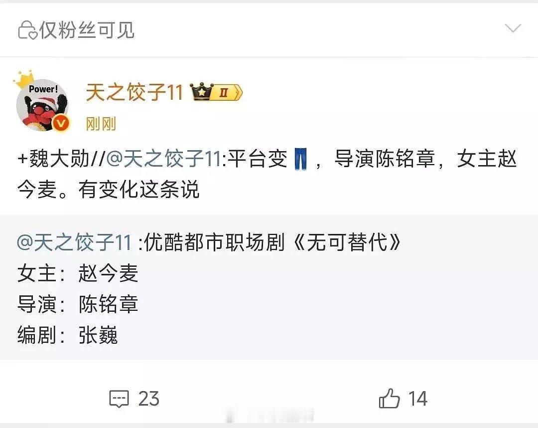 魏大勋搭赵今麦出演无可替代？想到了之前搭李庚希的那部剧，观感上有点像。 ​​​