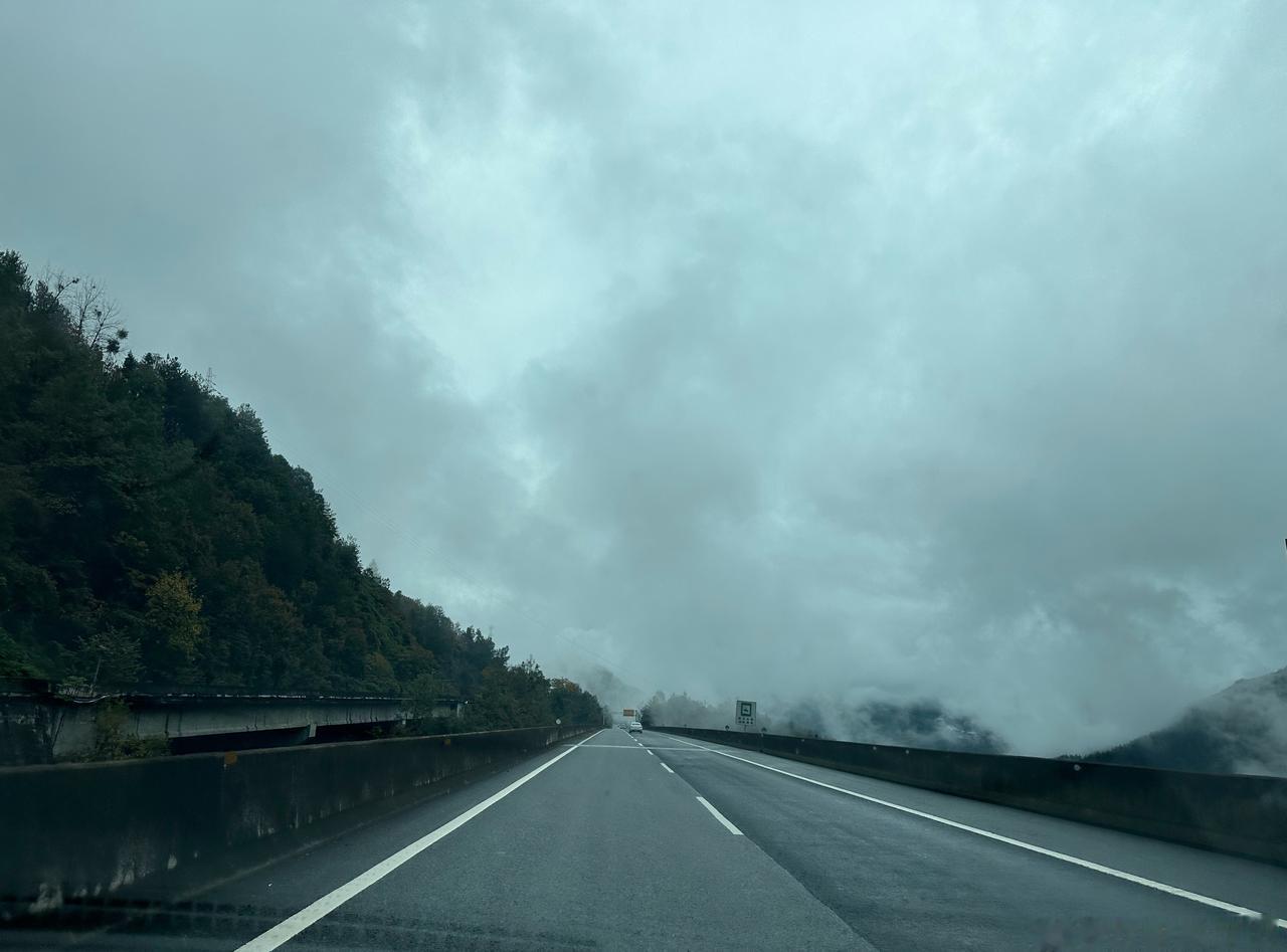 驱车前往岳阳楼景区的路上，
高速公路上奔驰而行，都在蜿蜓连绵的群山起伏中，有团雾