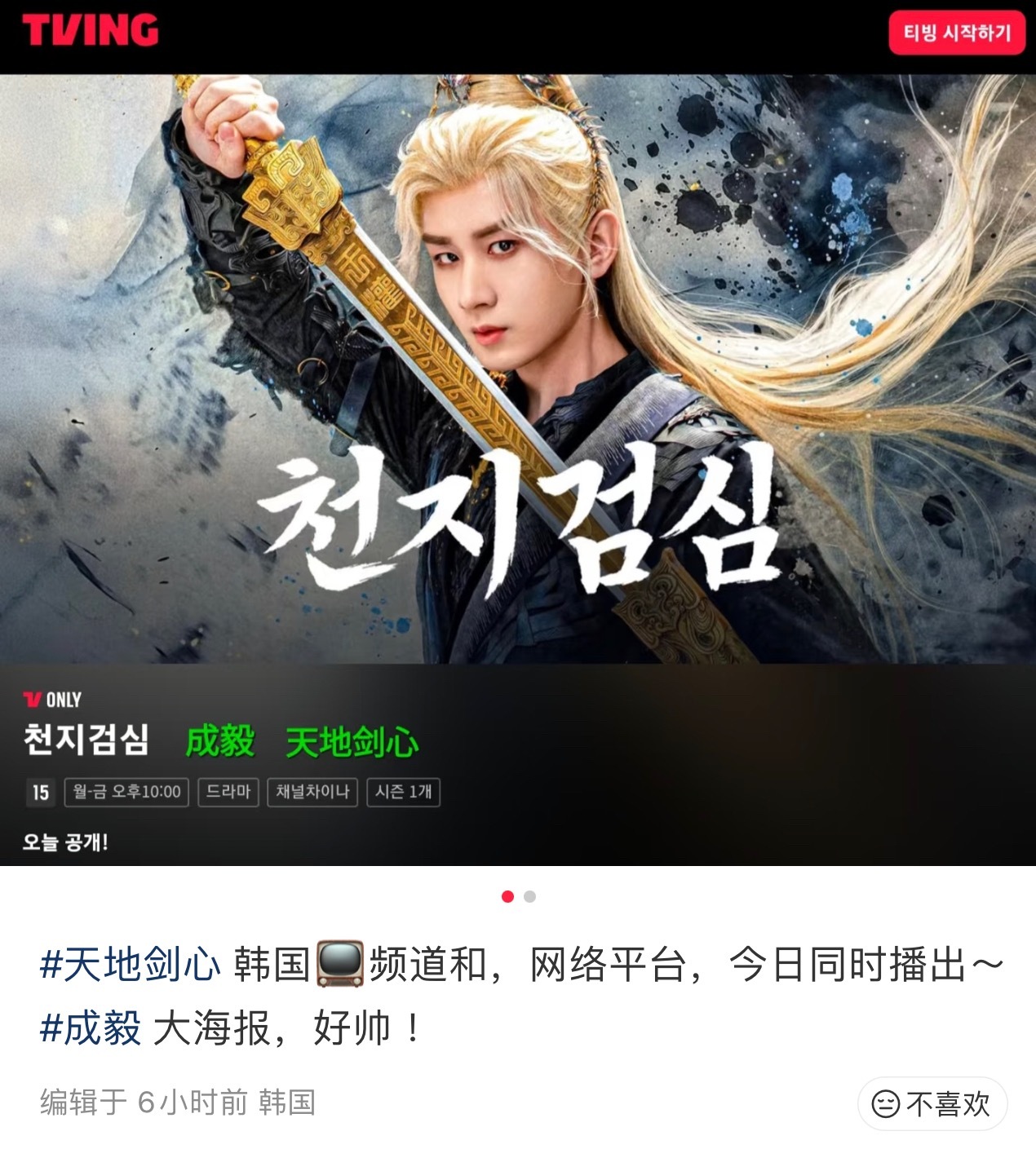 成毅天地剑心韩国电视和网络同步播出！超绝大男主海报！王权富贵排面拉满！成毅实力扛