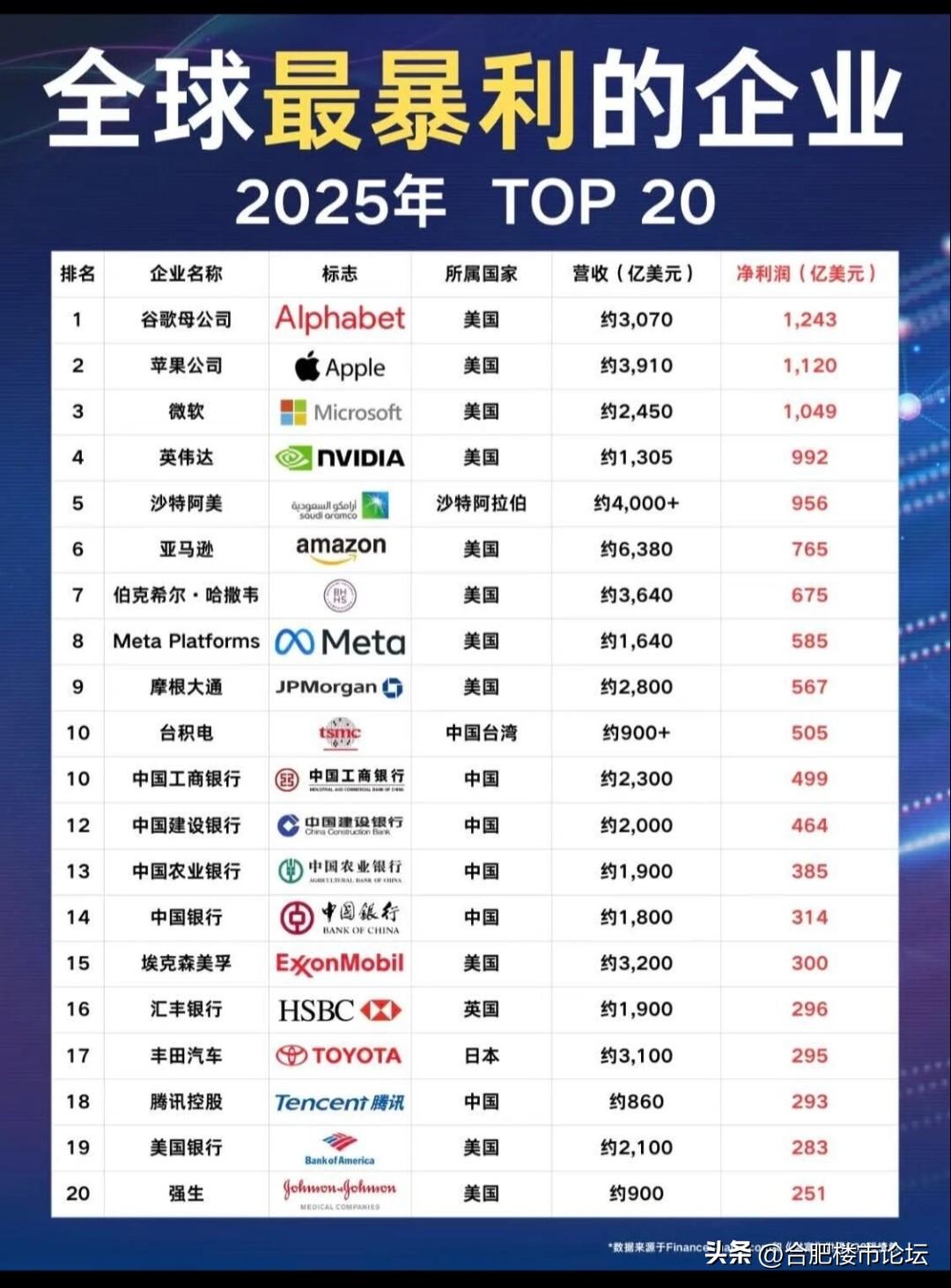 全球2025年最暴力的企业前20名。前面基本是美国的科技公司，中间都是中国的大型