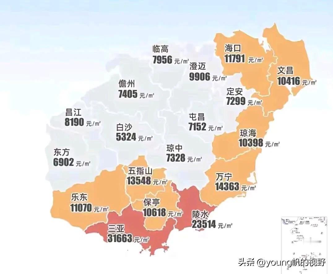 海南岛内房价的分布情况图。从图中来看，三亚的房价价值在岛内是遥遥领先了。东部沿海
