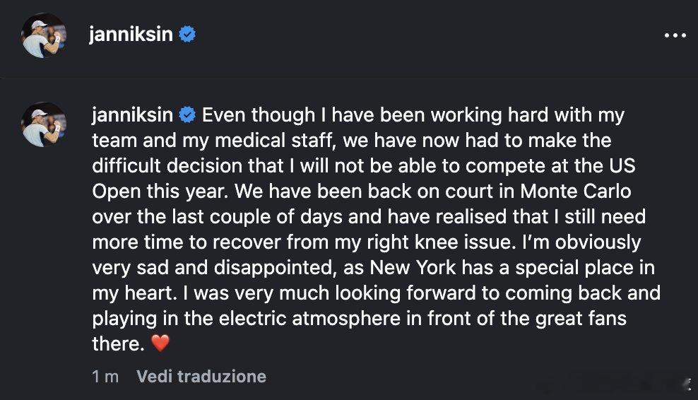 辛纳退出美网美网“尽管我和我的团队以及医疗团队一直在努力，但我们不得不做出一个艰