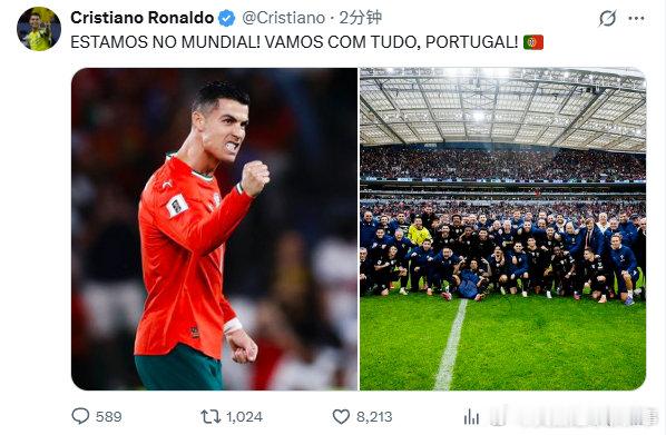 C罗发文庆祝晋级世界杯：我们进世界杯啦！葡萄牙，全力冲刺！🇵🇹 