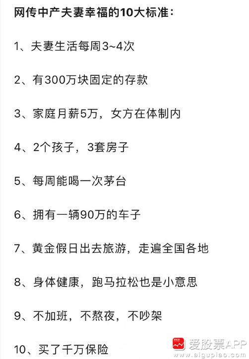 今天有个段子挺火，网传中产夫妻幸福的10大标准。看完这10条，感觉这真是中产阶级