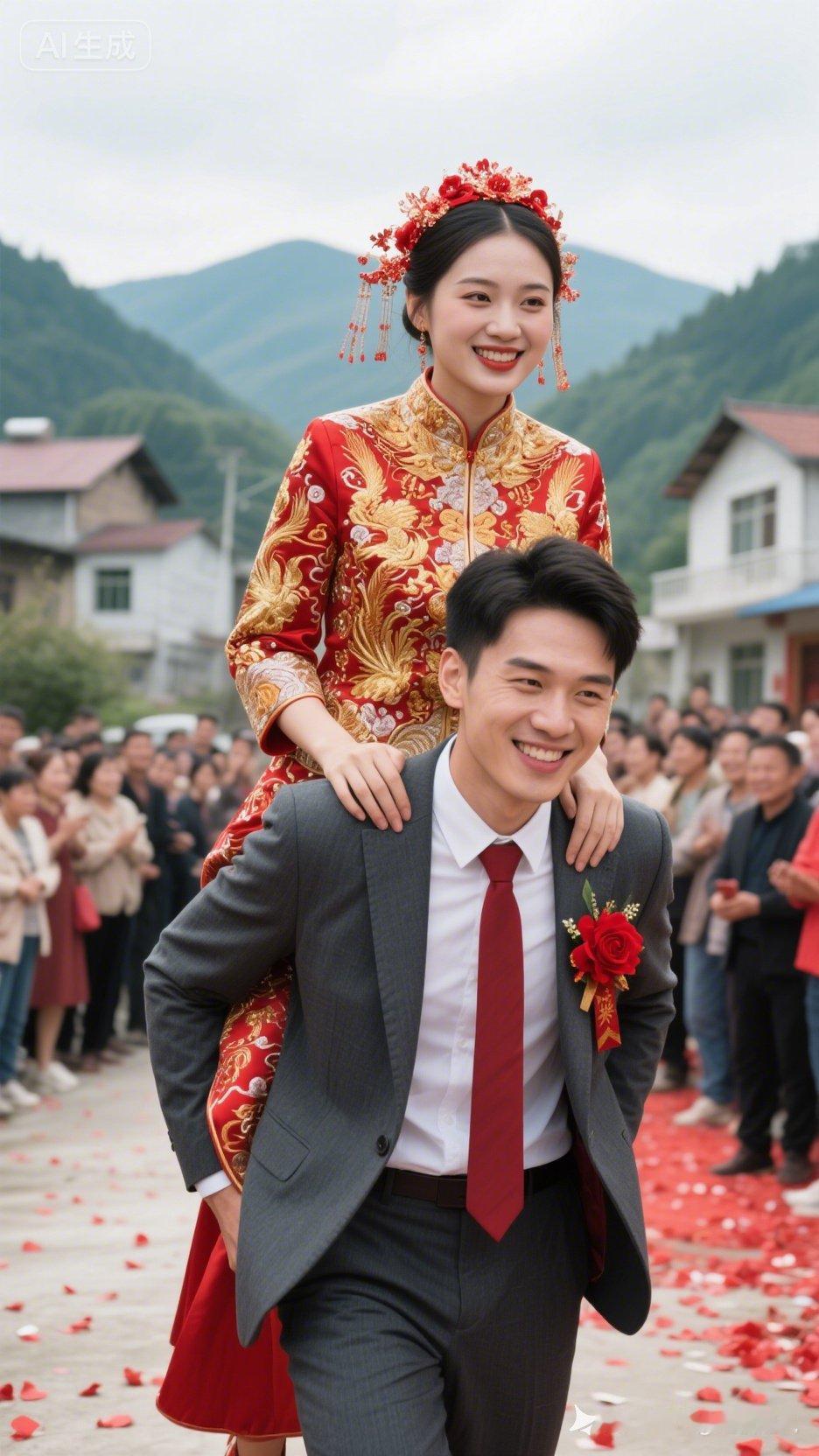 💍💐💕 新郎背着新娘，幸福满满，周围是满满的祝福！