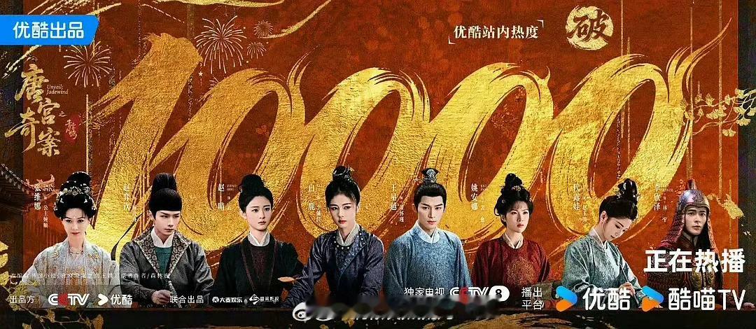 恭喜唐宫奇案开播73小时破万，优酷站内热度冲击10000了～优酷今年首部破万剧集
