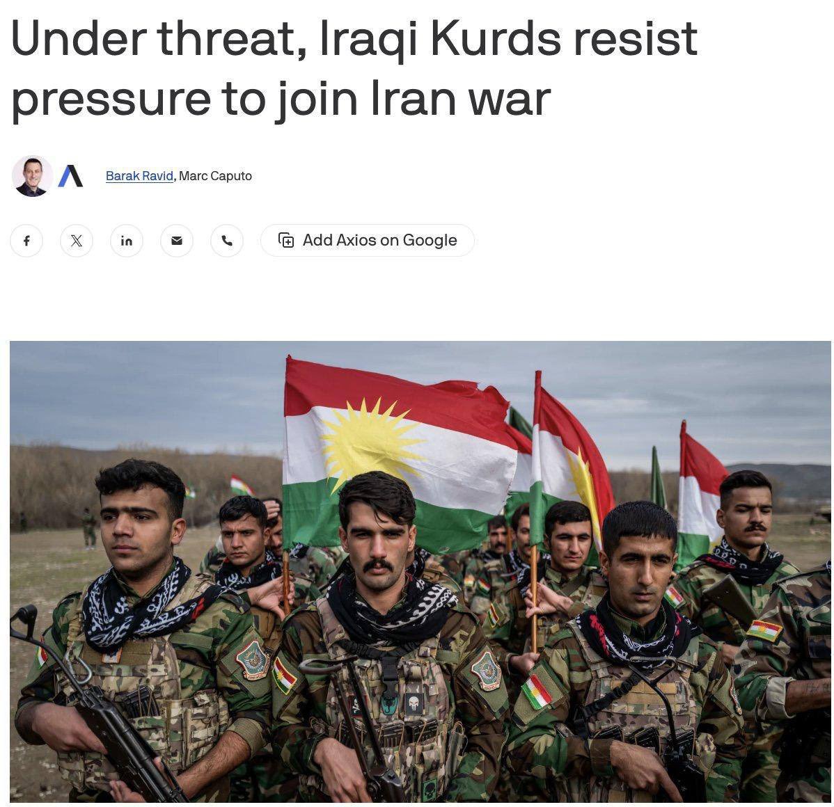 伊拉克庫爾德人正試圖在伊朗戰爭中保持中立，庫爾德領導人擔心，若戰爭結束，美國可能