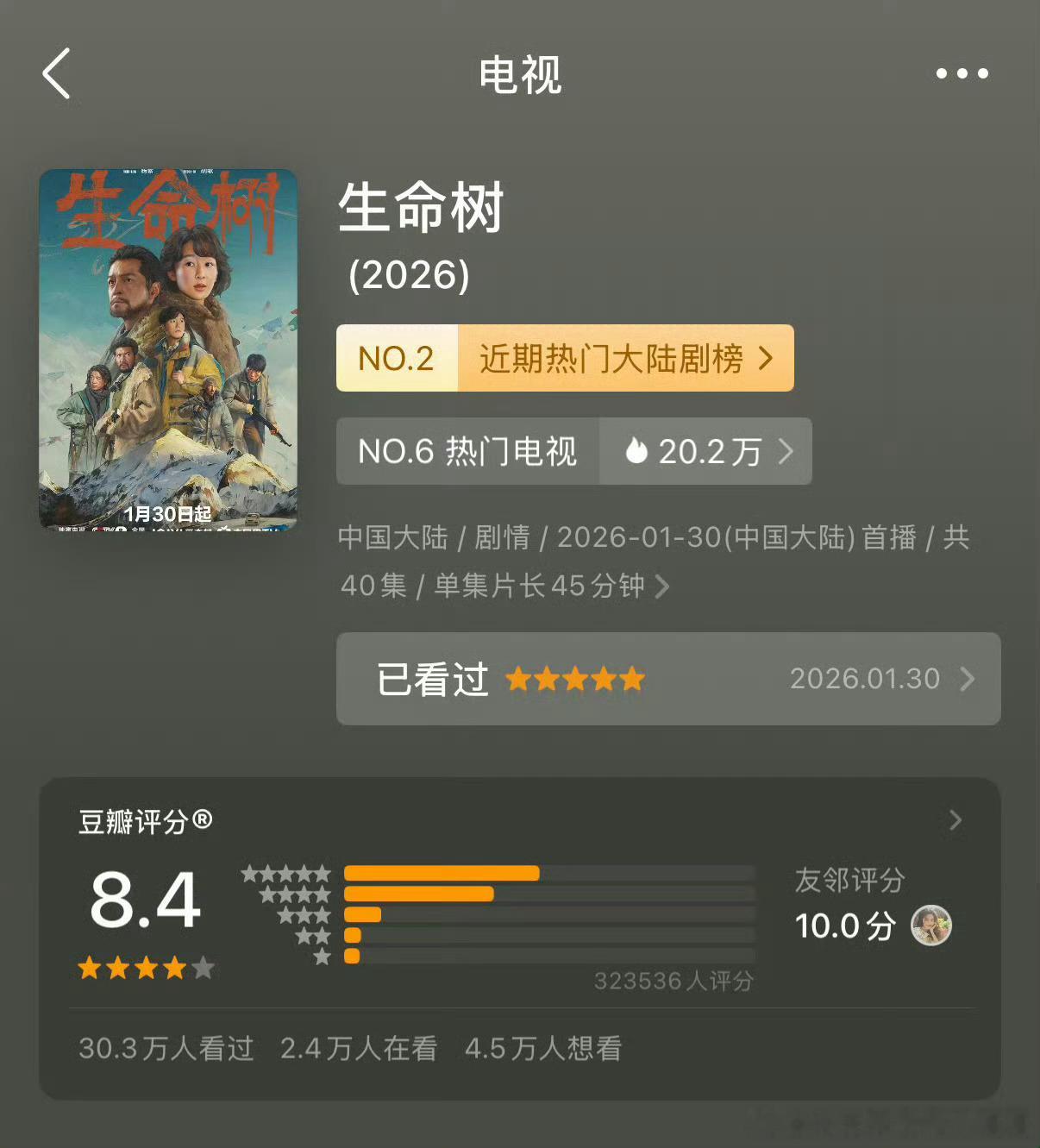 杨紫生命树的评分升到8.4 