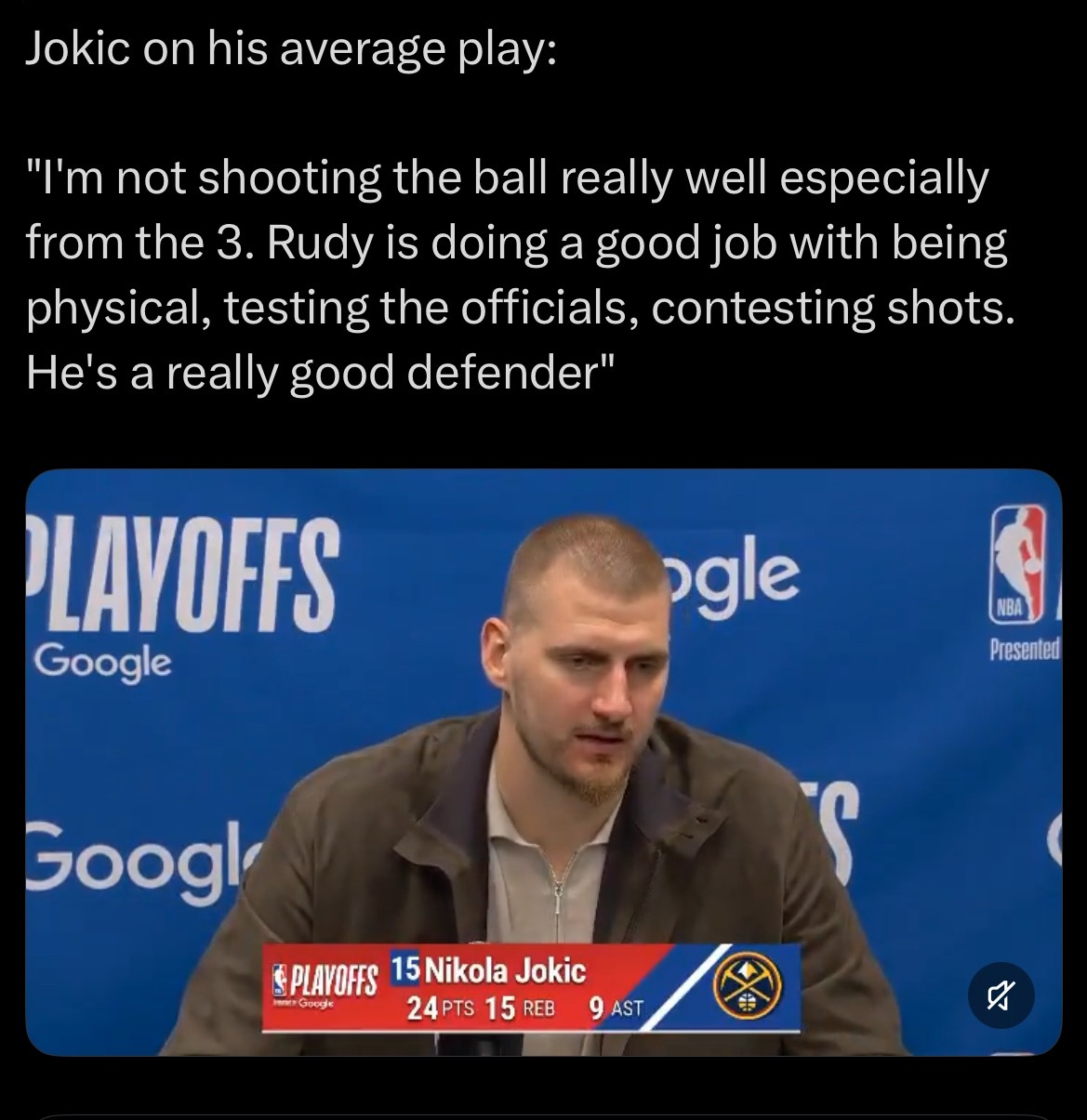 约基奇承认被戈贝尔防守限制：“我投篮手感确实不好，尤其是三分球。戈贝尔他做得很出