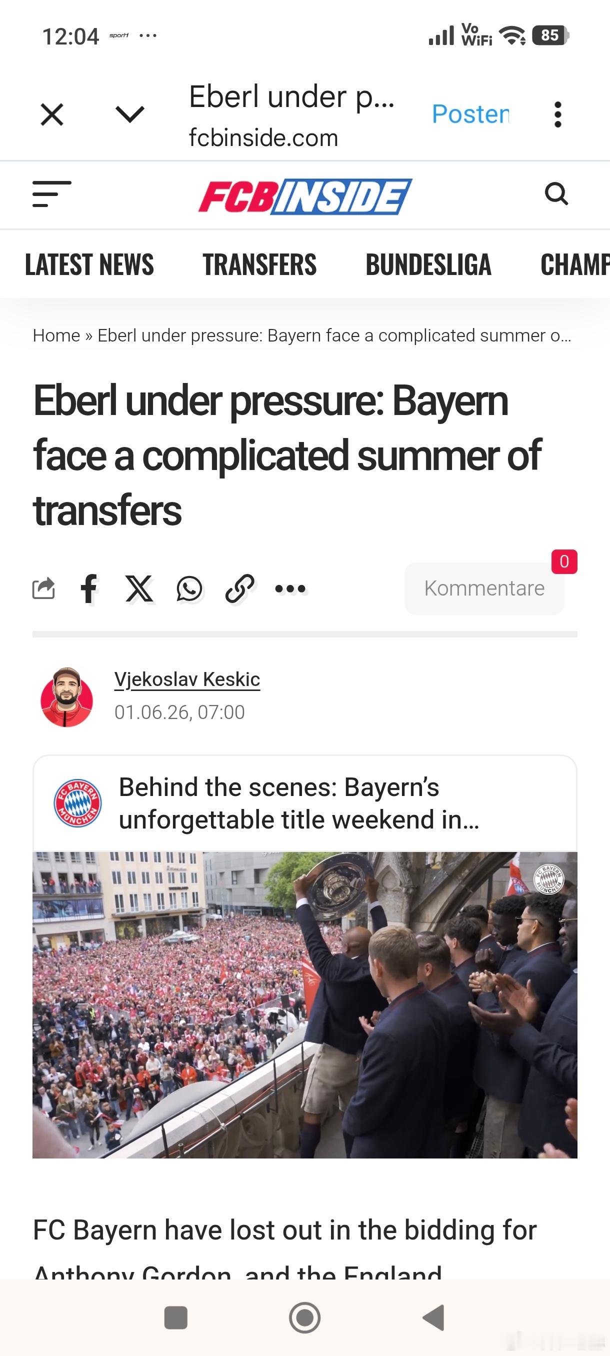 ［拜仁转会压力巨大］拜仁慕尼黑在安东尼·戈登的争夺战中败北，这位英格兰国脚转会巴