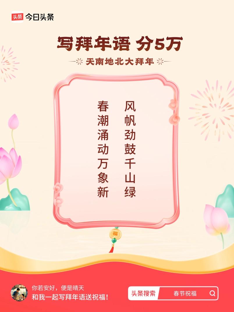 写拜年语送祝福新春拜年送祝福！我的祝福是：“春潮涌动万象新，风帆劲鼓千山绿”！快