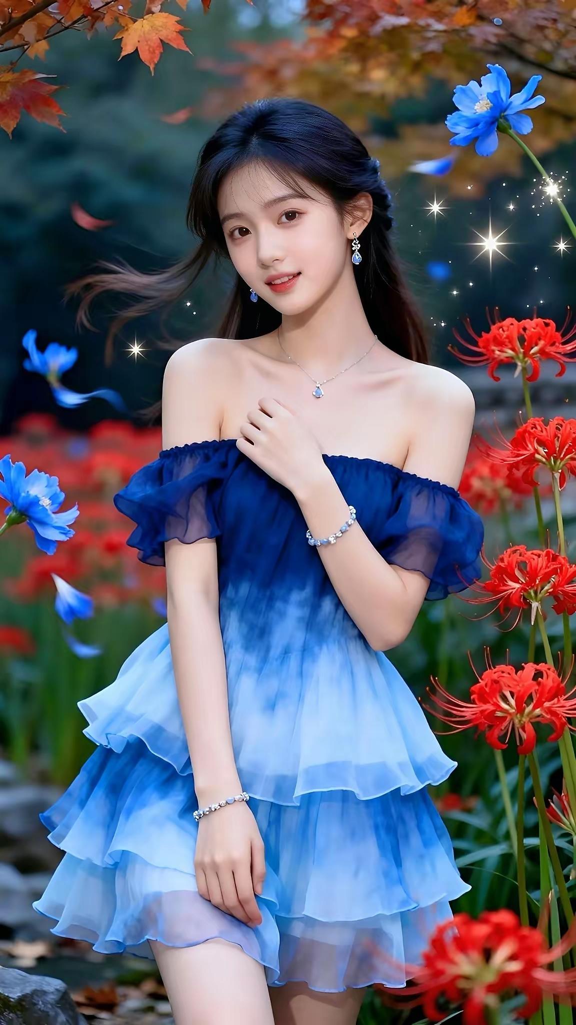 梦幻蓝裙少女，秋日花海中绽放