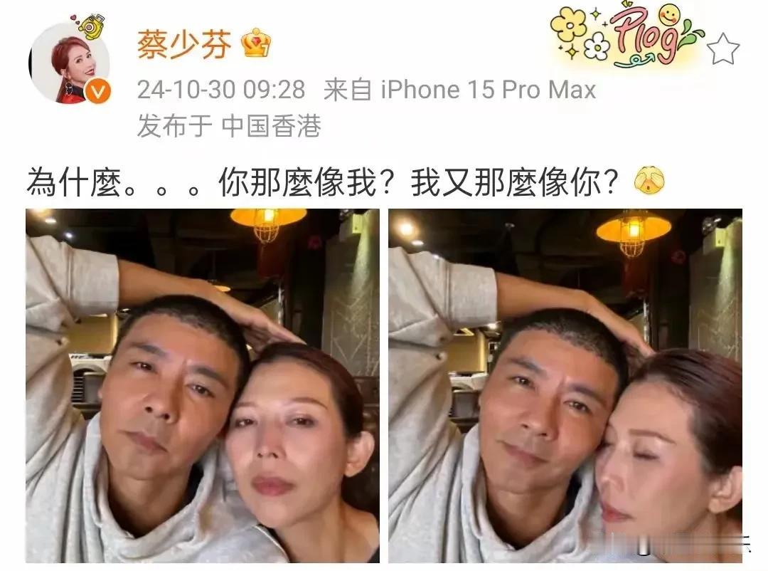 张晋蔡少芬夫妻好甜蜜，
蔡少芬发图文表示两人越来越有夫妻相了，看起来确实很像哦！