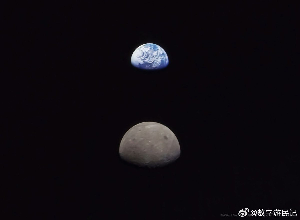 猎户座视角下的地球与月球，2022年11月28日，在NASA的猎户座飞船以历史性