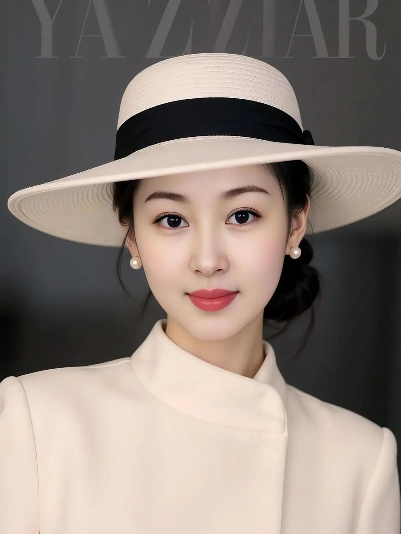 优雅气质，黑白相间帽，珍珠耳环，温柔微笑，时尚穿搭🌟🌺🌴