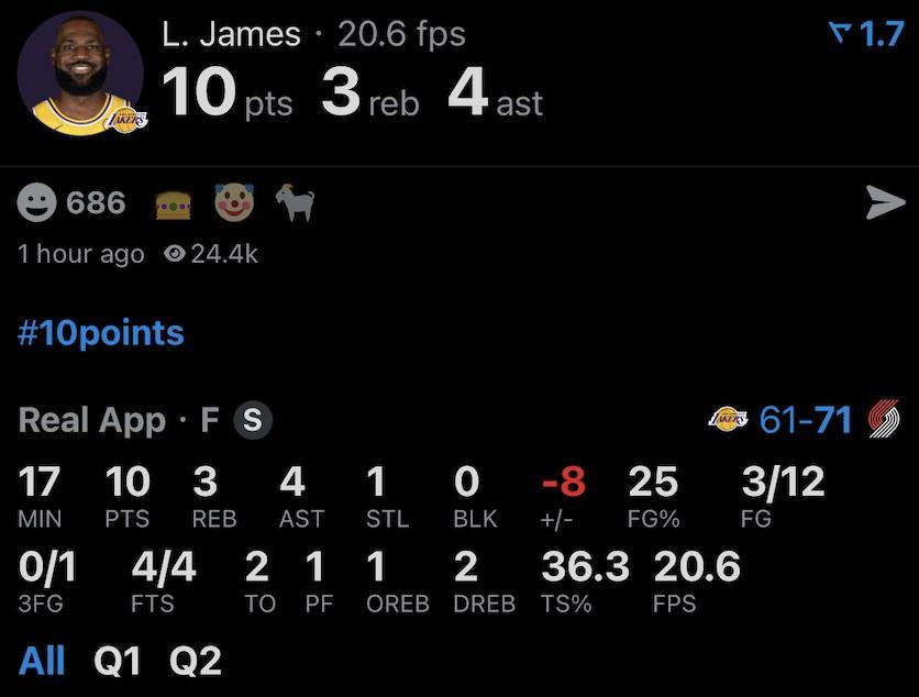 如何评价？半场的詹姆斯：12投3中 三分球1中0 罚球4中410分3篮板4助攻1