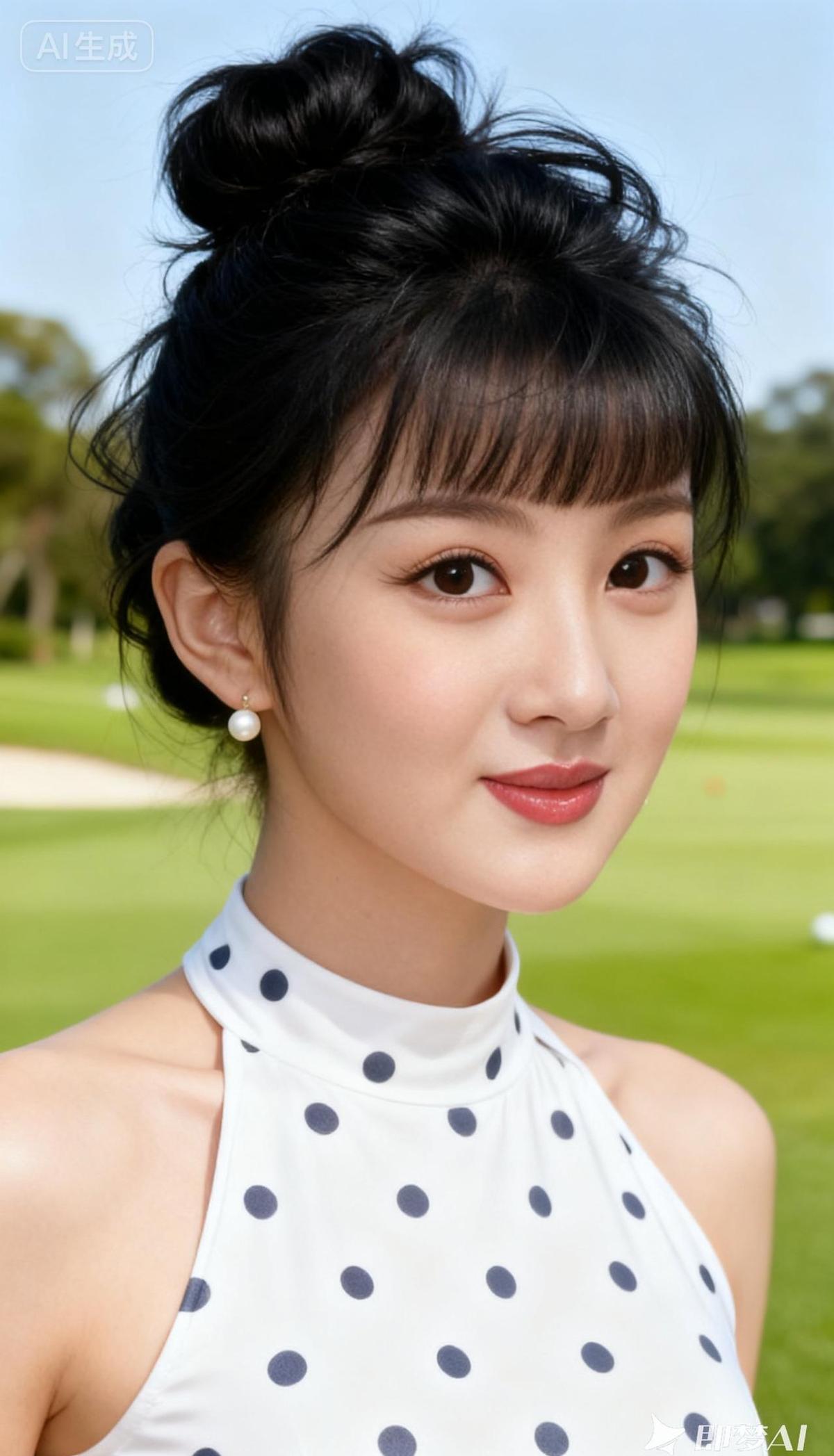 她盘着黑发，穿着白波点裙，站在高尔夫球场上，像一阵风刮进了时尚杂志。
没人再觉得