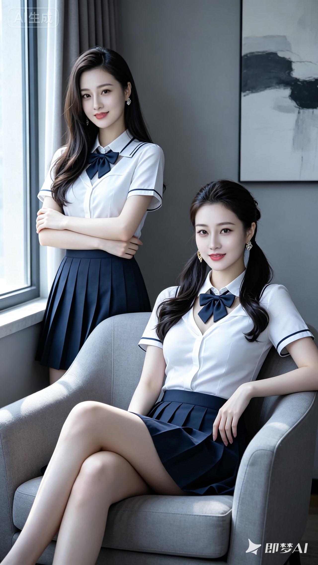 两个穿制服的女孩在房间内。