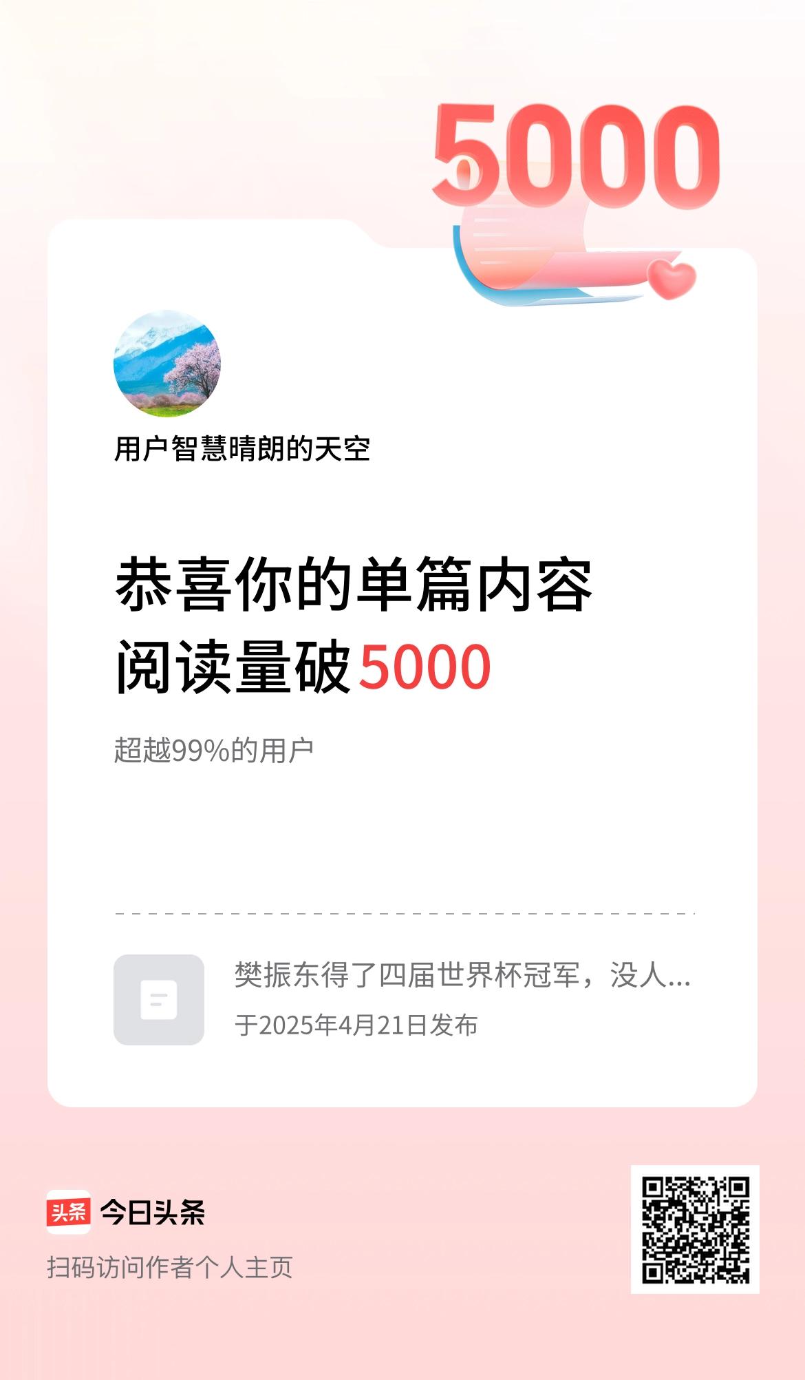 单篇内容获得阅读量破5000啦！