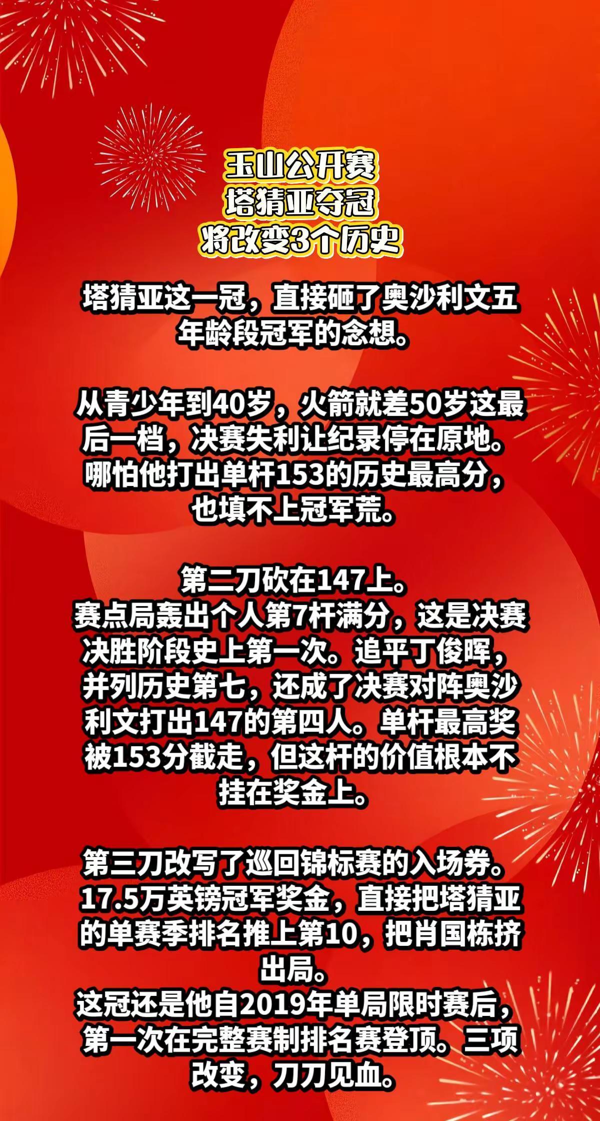 玉山赛塔猜亚夺冠，将改变这3个历史。