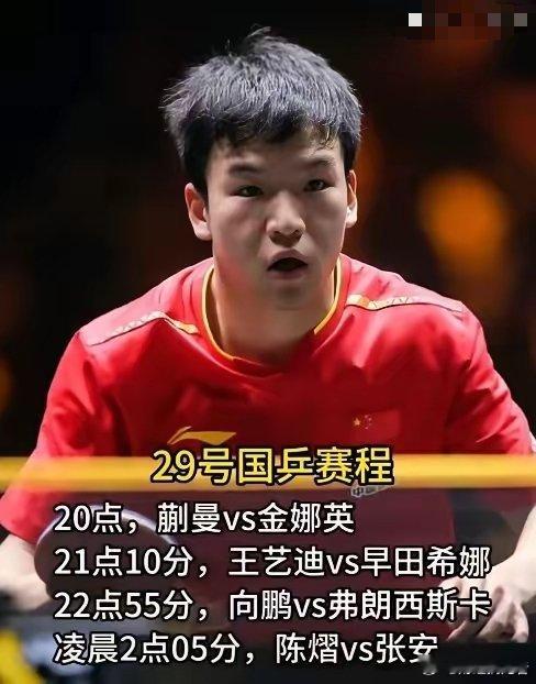 关注国乒！10月29日赛程：晚八点，蒯曼VS金娜英晚九点十分，王艺迪VS早田希娜