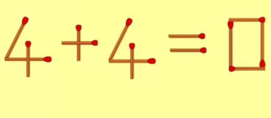 瞧！这儿有个超有趣的火柴棒谜题 —— 现在只有 “4 + 4” ，结果神秘 “失