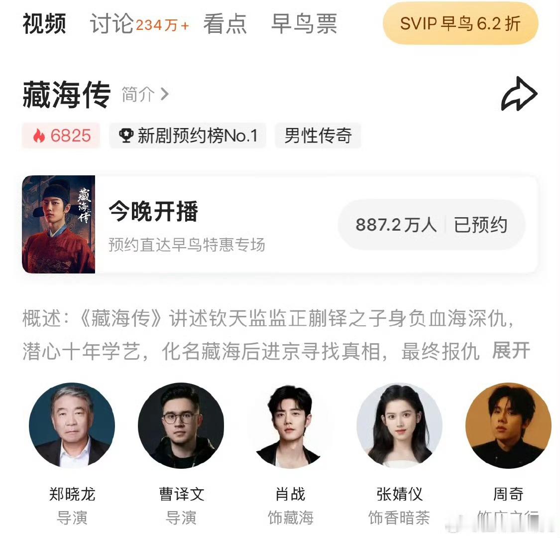 藏海传播前热度现在就6800+了，估计播前应该有7000？ ​​​