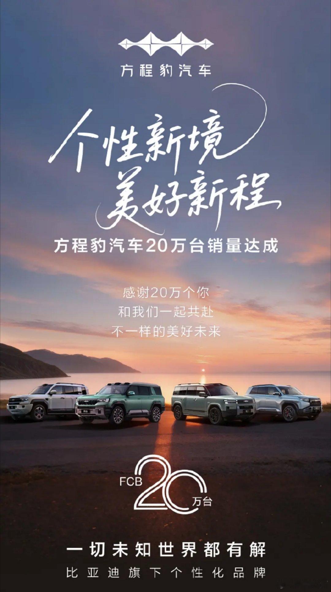 比亚迪方程豹汽车宣布，方程豹汽车20万台销量达成，新势力品牌增速TOP3。太🐮