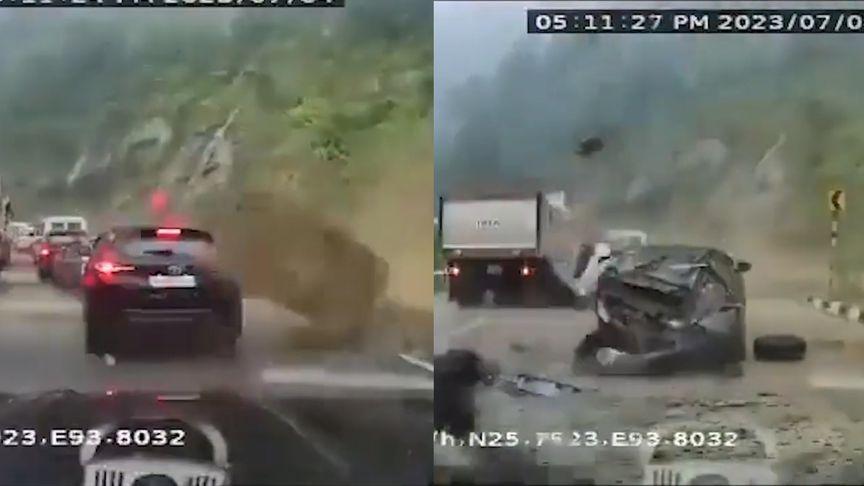 【印度一公路旁巨石突然滚落，一辆车瞬间被压扁，监控拍下惊悚画面】7月4日，印度。