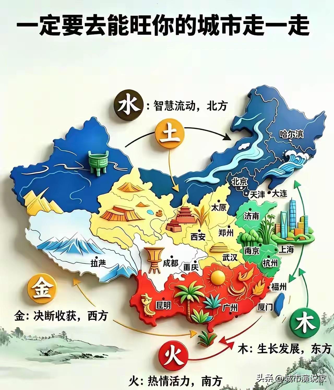 金木水火土！这张成图火了！能旺自己的城市都在哪儿？大家都去过吗？

东方属木，沿