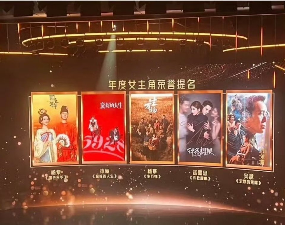 金树林年度女主角提名：杨紫 孙俪 杨幂 赵露思 吴越 最终获得的是吴越 