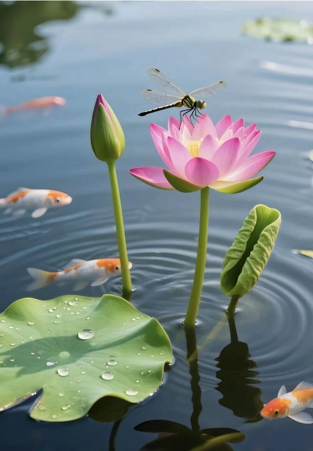 上联：竹映清池鱼戏影
下联：荷出碧水蜻蜓立