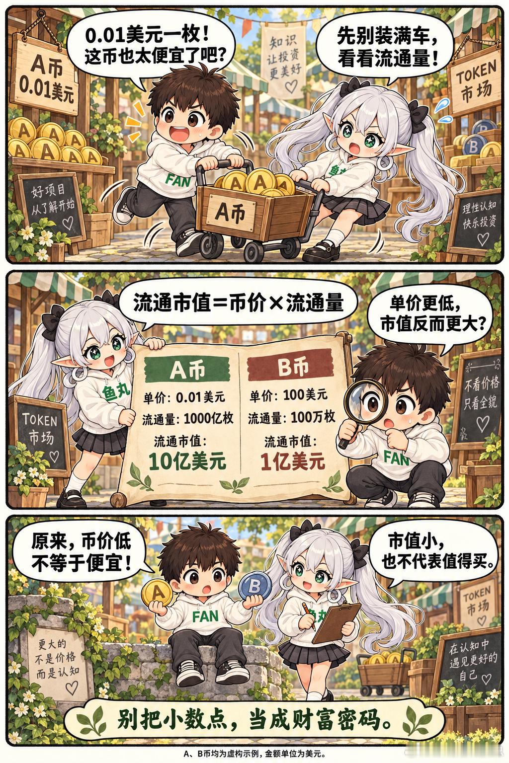 b圈最容易让人上头的错觉，就是把低单价当成便宜。假设A币单价0.01美元、流通1