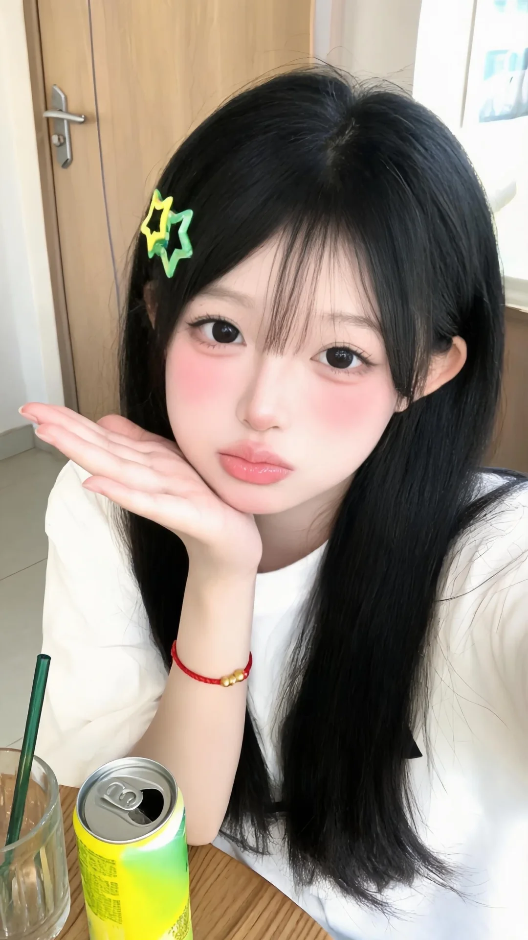 16岁软萌清纯东亚少女，乌黑顺滑长直发，侧边头发别绿黄撞色五角星塑料发...