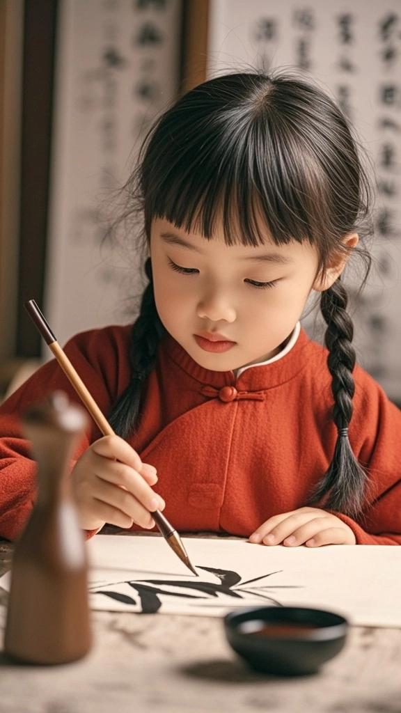 墨痕里的童年
书房西窗的斜阳，恰好落在三尺宣纸上。七岁的小雨踮脚伏案，手中毛笔颤