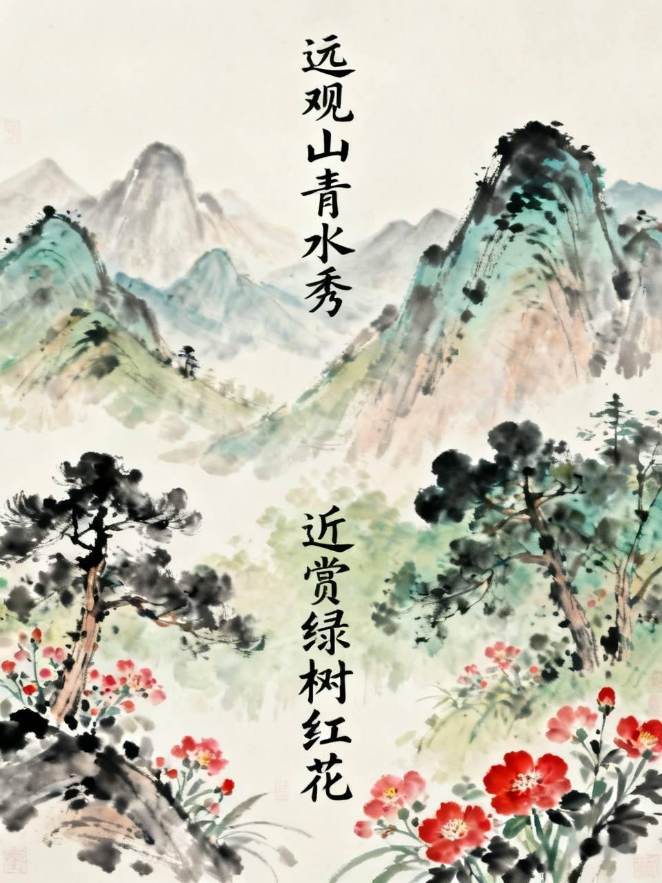 上联：远观山青水秀，
下联：近赏绿树红花。