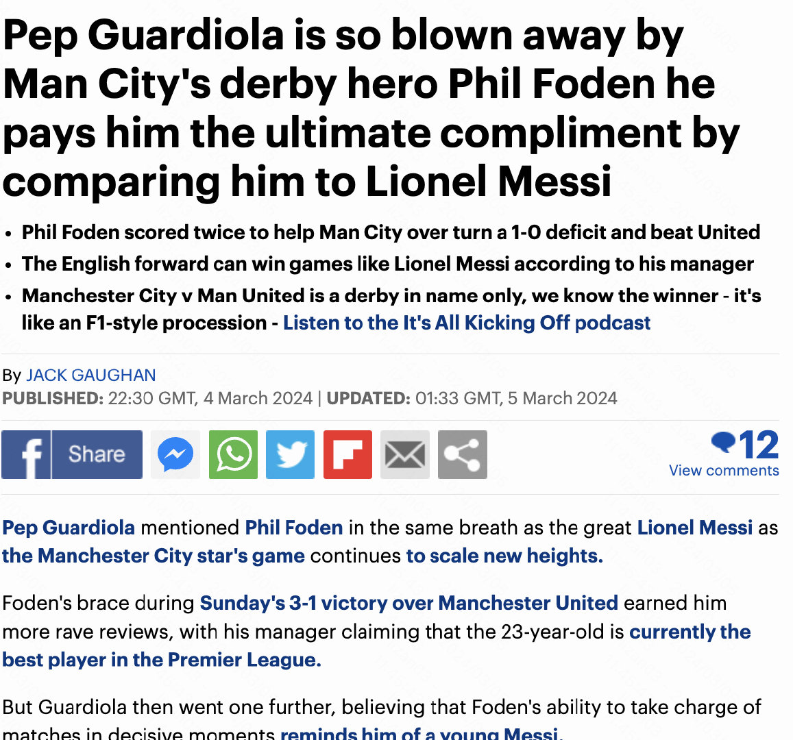 瓜迪奥拉曼市德比赛后接受TV2采访谈到了福登和梅西。瓜迪奥拉🎙️：“优秀的球员