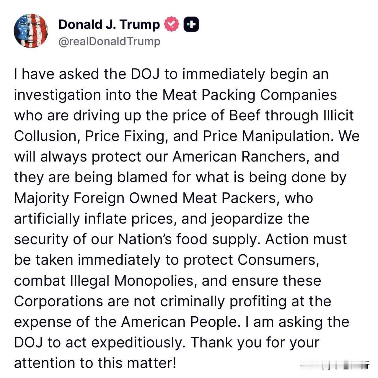 牛肉涨价真相？川普点名外资公司是幕后推手
	

川普终于把矛头指向了美国餐桌背后