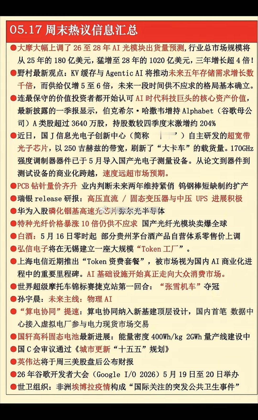 5.17周日  周末财经信息汇总！1.光模块2.存储芯片，需求增加千倍3.超宽带