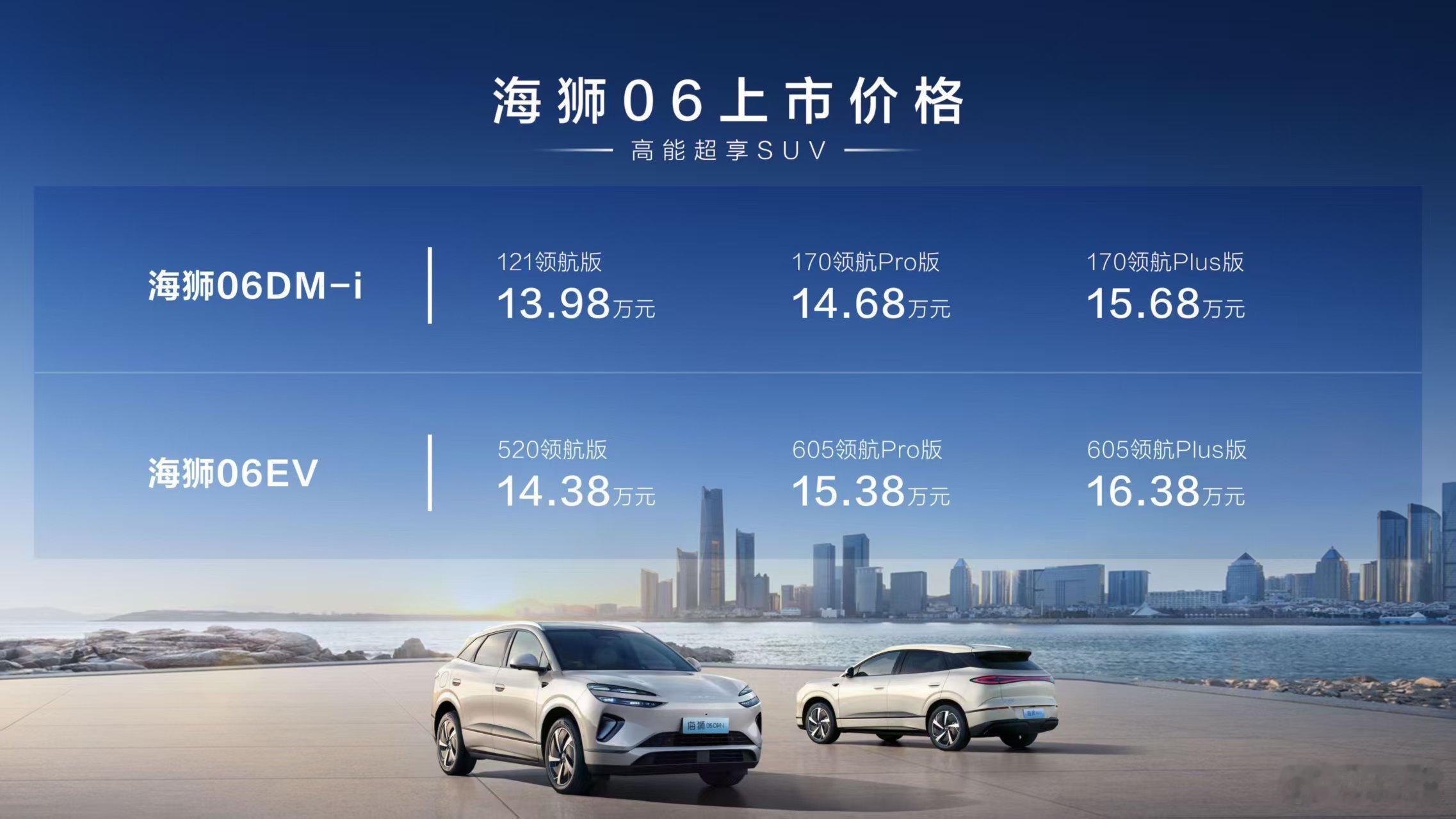 比亚迪海狮06双车上市，EV车型3个车款，售价区间为14.38-16.38万元，