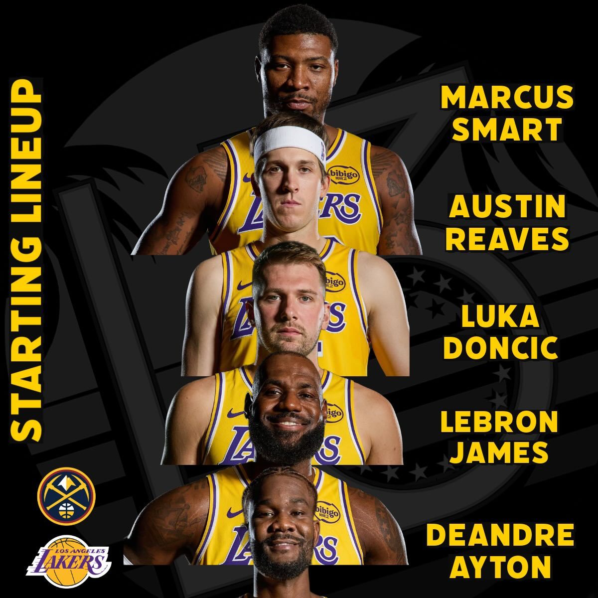 今日首发：东契奇、斯玛特，里夫斯、詹姆斯、艾顿！掘金vs湖人洛杉矶湖人