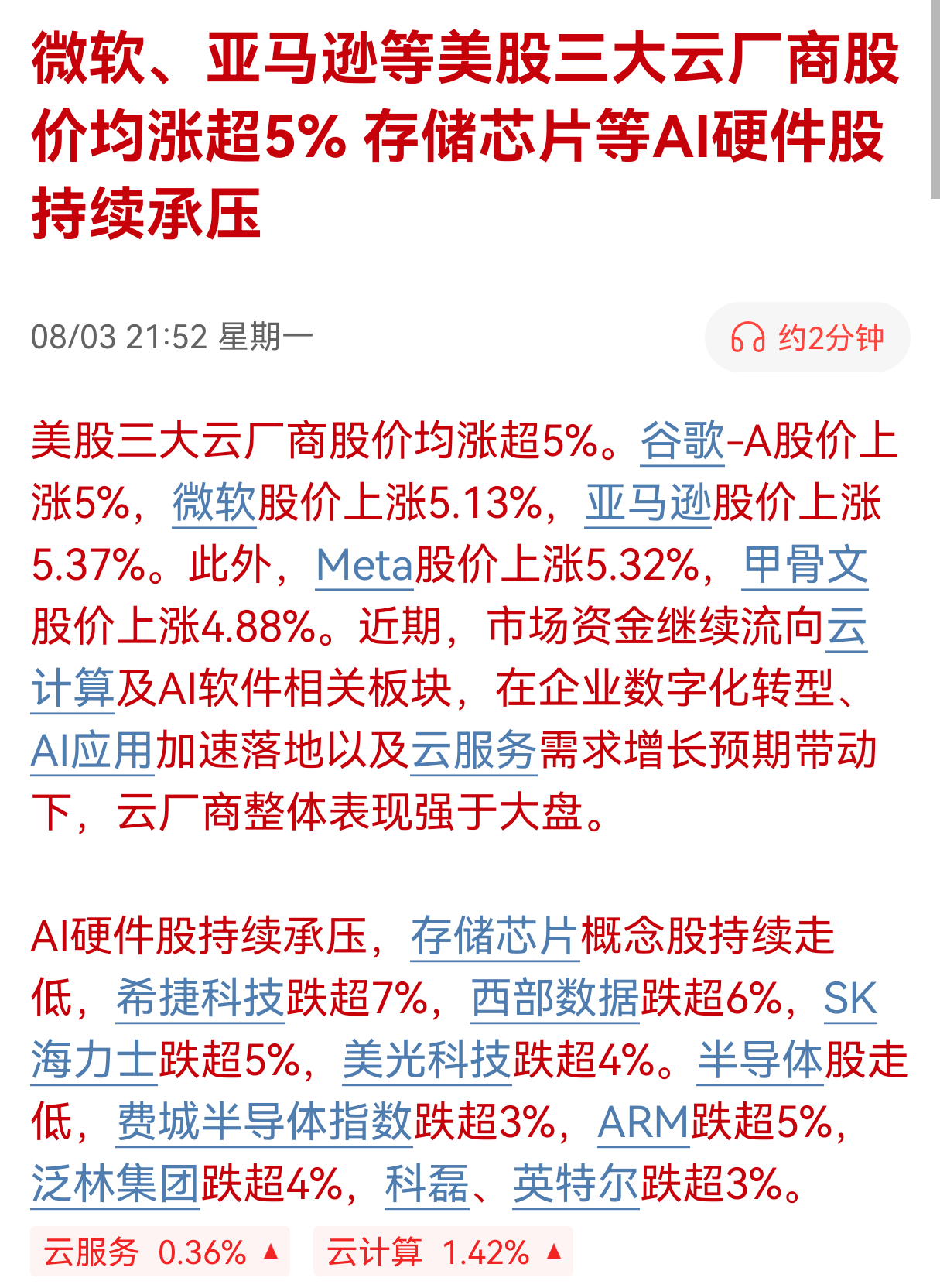 美股美光、SK海力士天天大跌，英伟达也拖后腿。但谷歌、微软、亚马逊股价狂飙，苹果