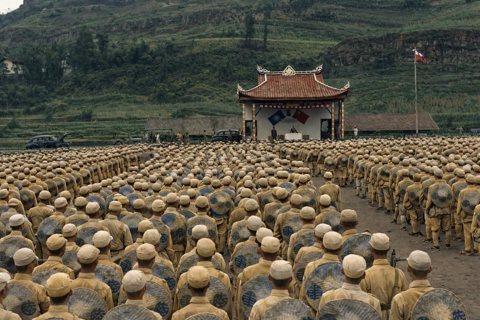该组照片为1945年8月8日，在四川省万县李家河视察青年军204师的真...