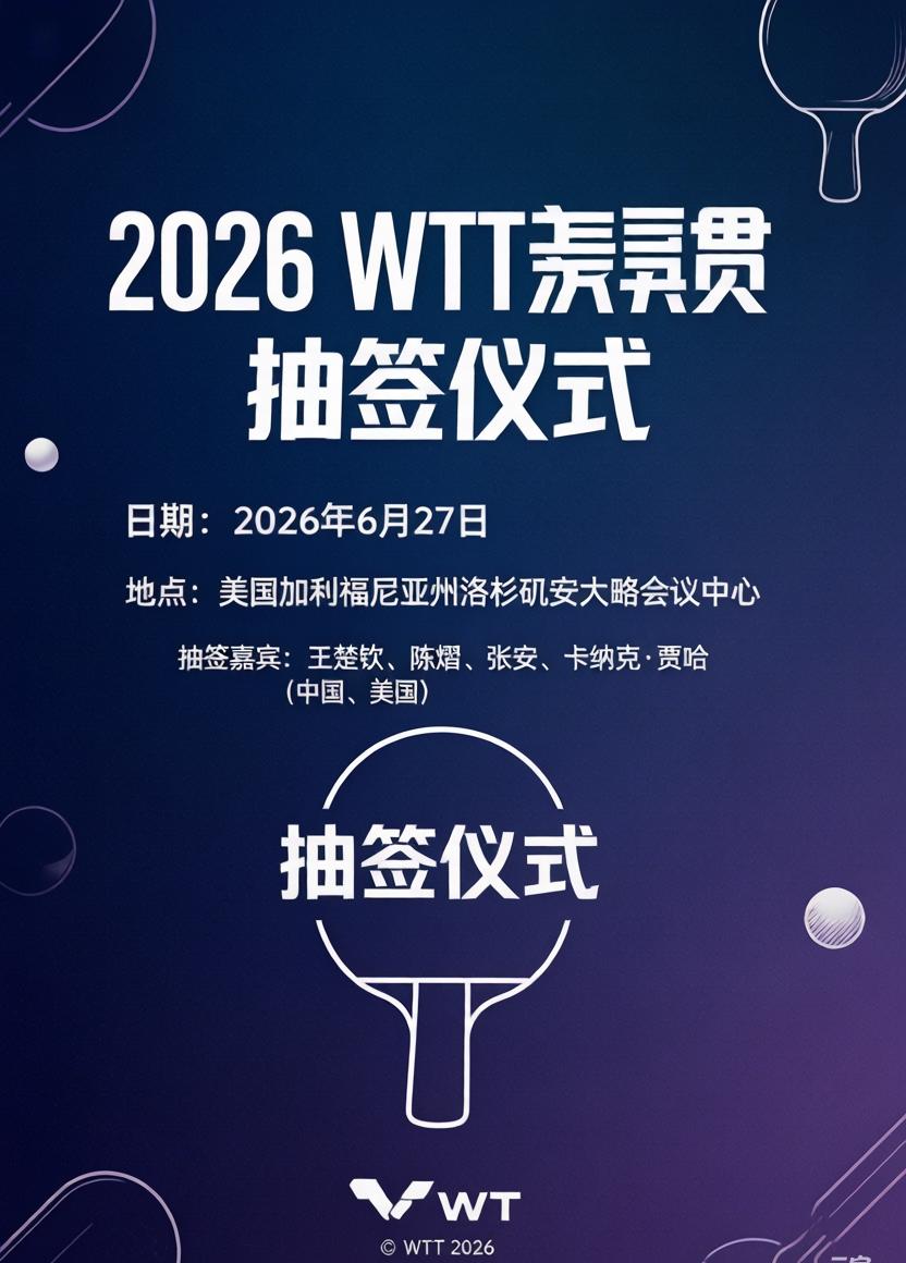 WTT美国大满贯抽签仪式将于北京时间6月27日2:00举行。
本次抽签仪式由四位