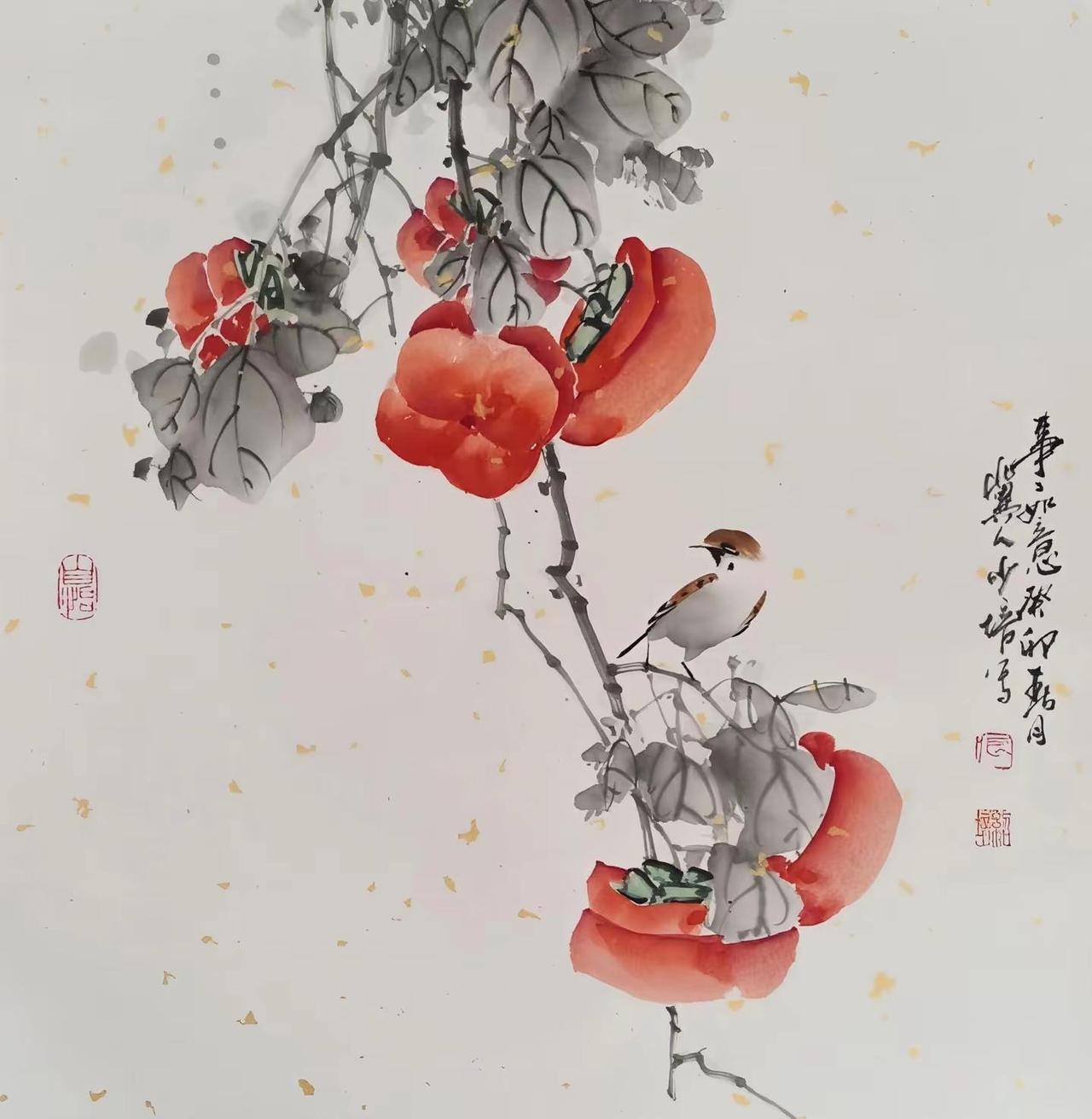 事事如意。写意花鸟创作者中心 创作灵感 写意花鸟 国画柿子